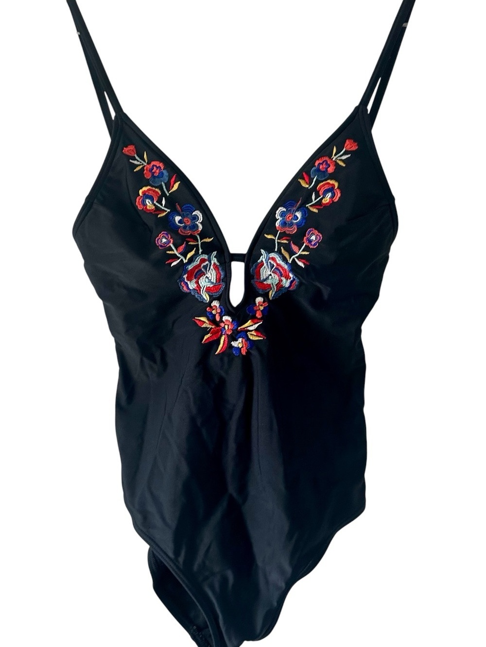 Design Lab Lord & Taylor Embroidered Swimsuit  Floral Black &Red